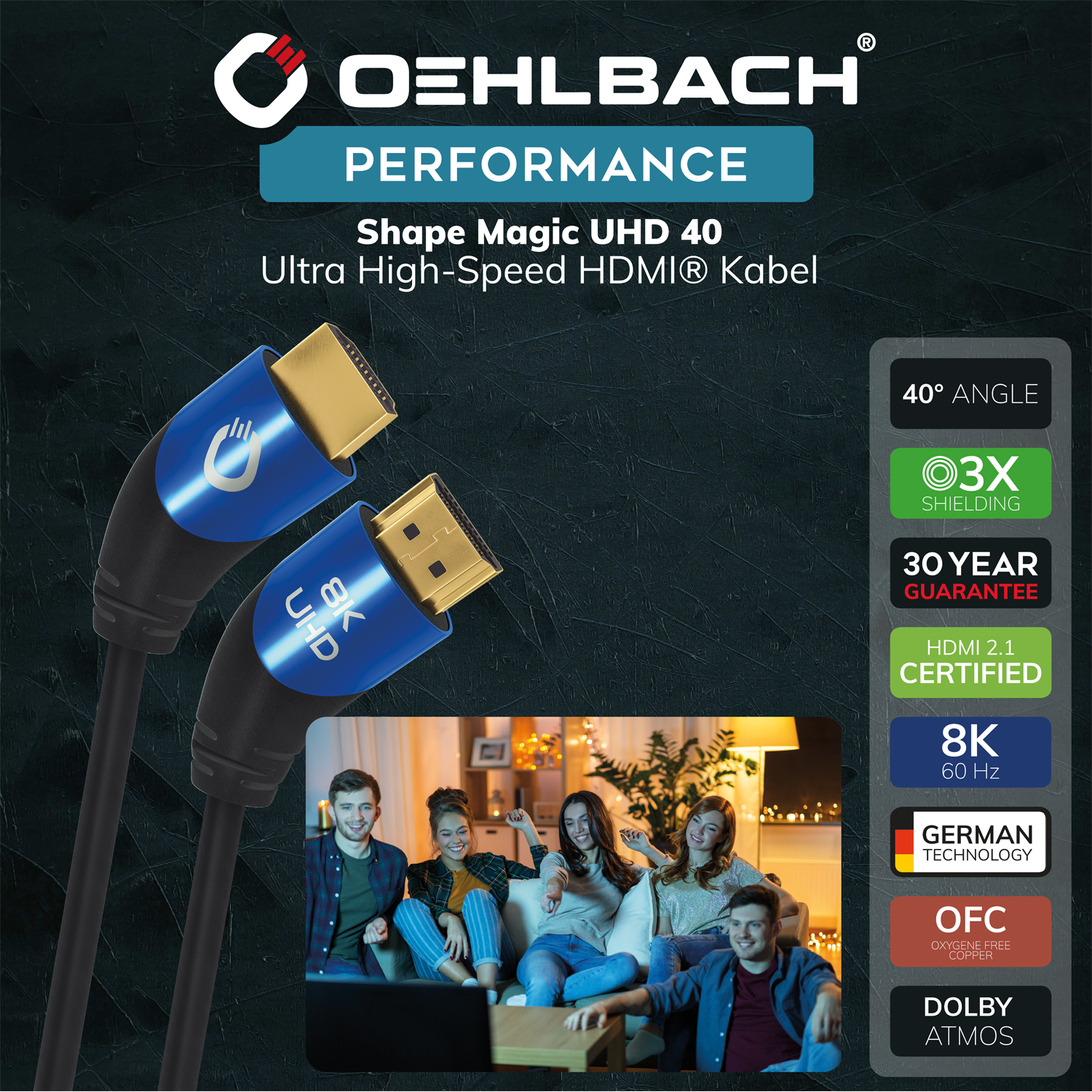 HDMI-Kabel mit Produktinfo und Leuten zu Hause.