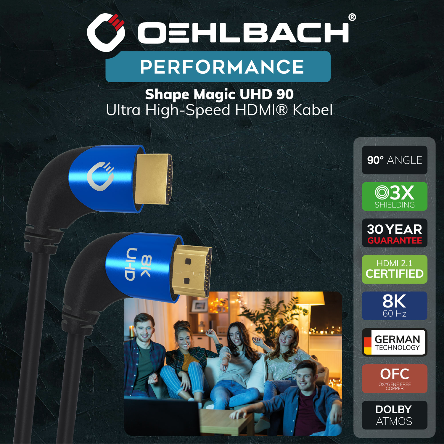 HDMI-Kabel mit blauen Steckern und Goldkontakten. Personen schauen im Hintergrund fern.