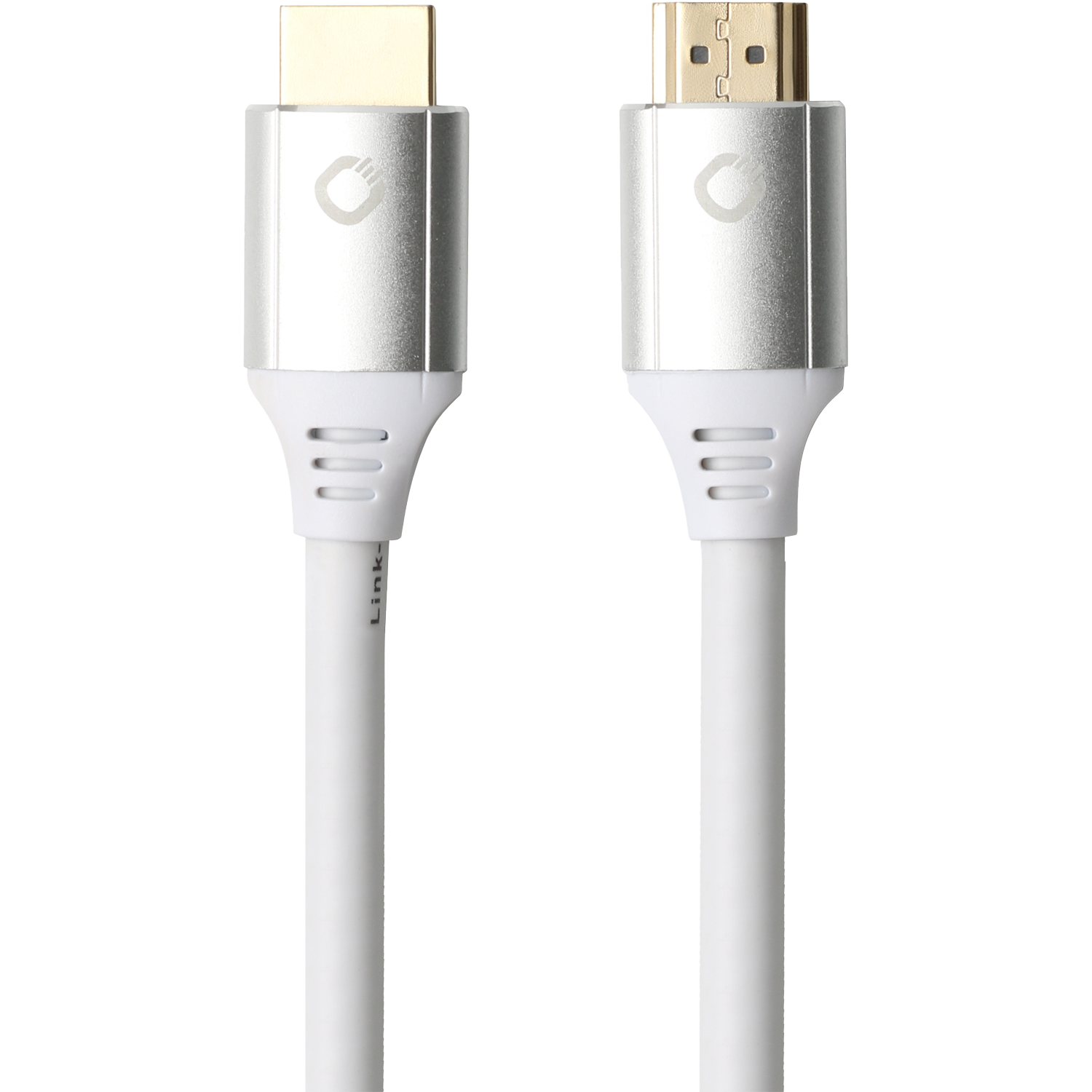 Zwei HDMI-Kabel mit silbernen Steckern und weißen Kabeln, nebeneinander liegend.