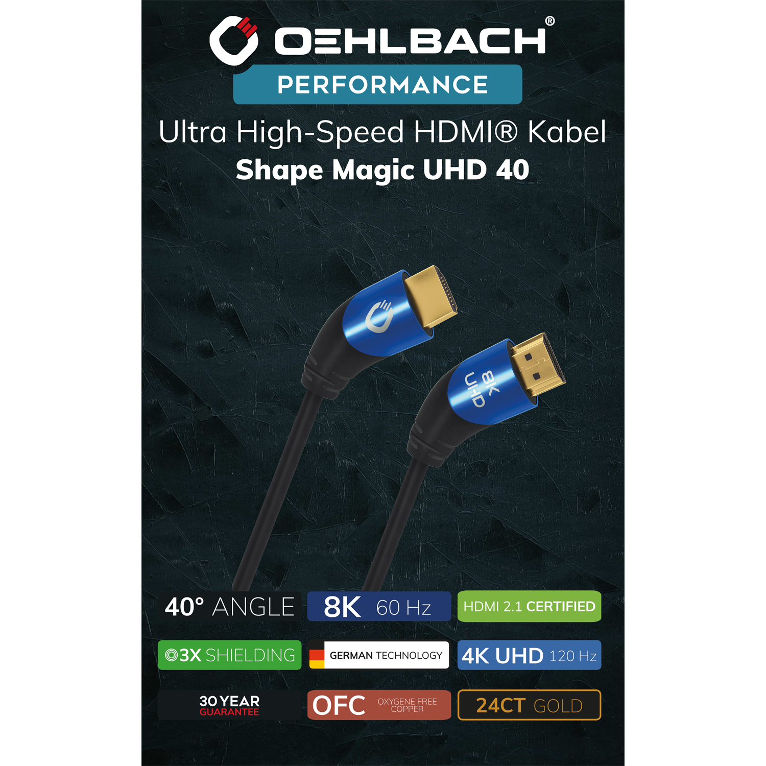 HDMI-Kabel, schwarz und blau. Text: 'Ultra High-Speed HDMI Kabel', 'Shape Magic UHD 40', '8K 60 Hz'.