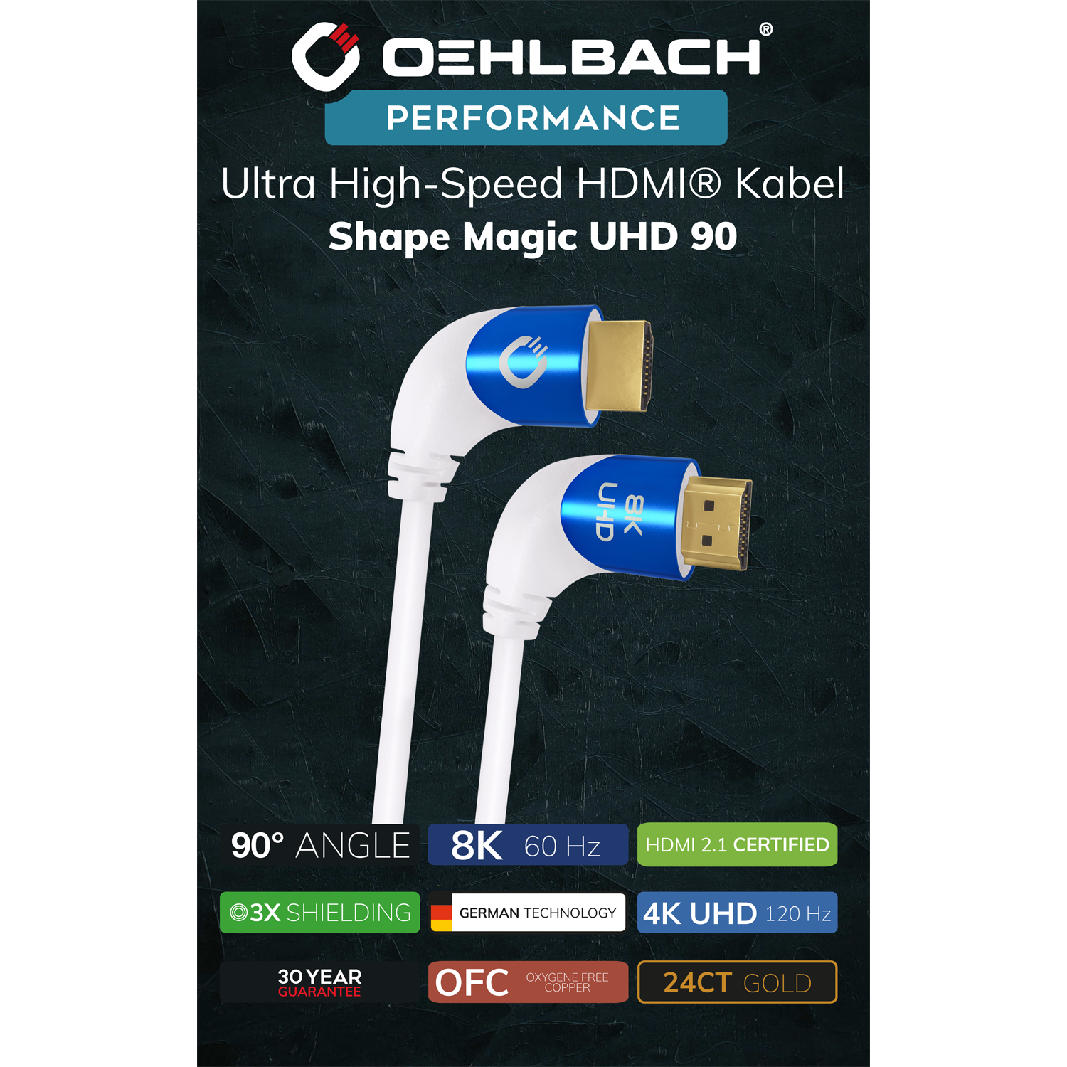 Weißes und blaues HDMI-Kabel mit Goldsteckern, Produktinformationen.