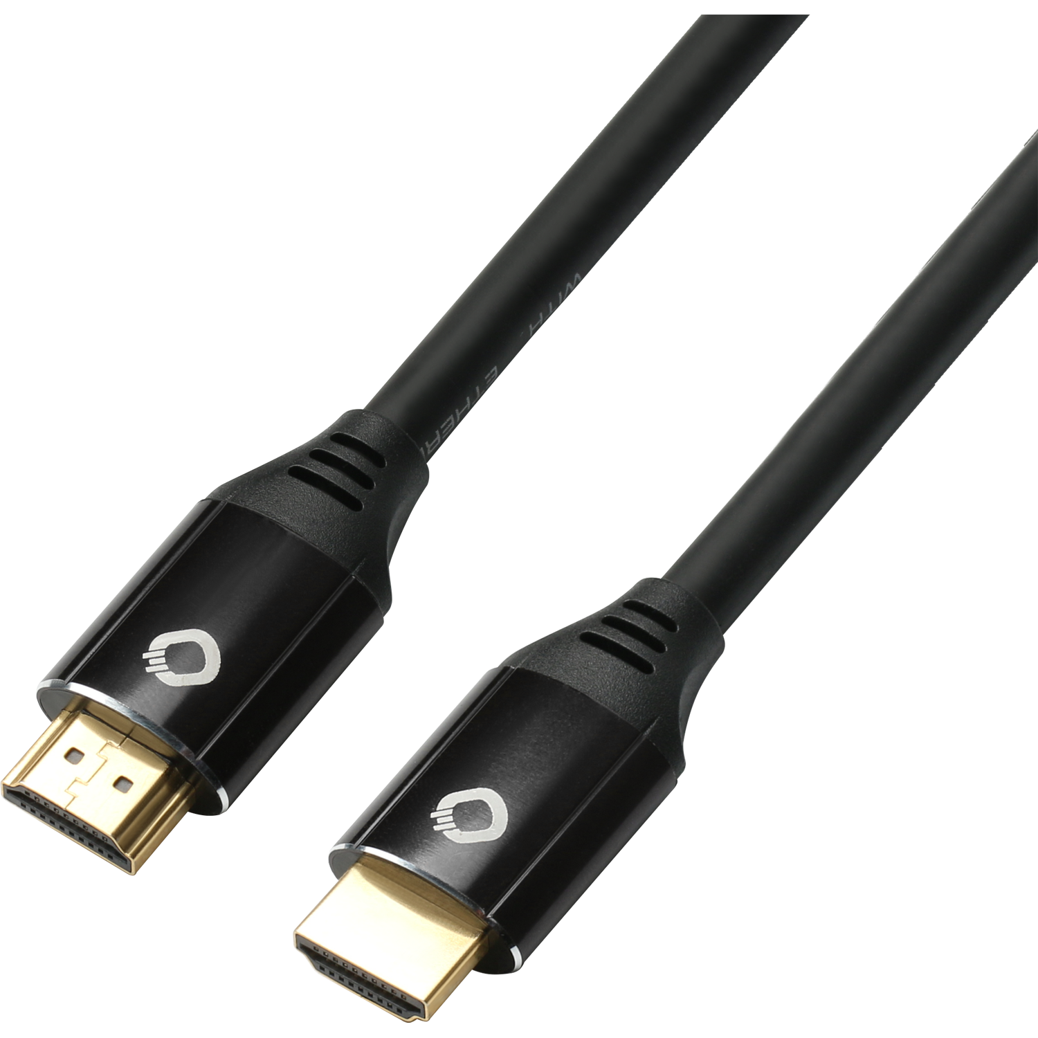 Schwarzes HDMI-Kabel mit Goldanschlüssen, Nahaufnahme vor schwarzem Hintergrund.