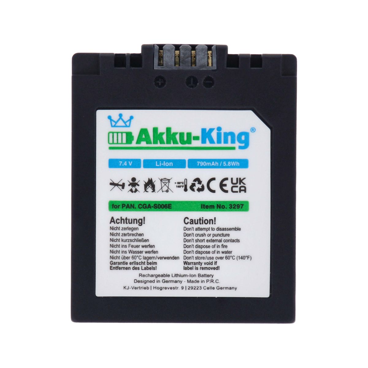Volt, Panasonic Akku 7.4 AKKU-KING 790mAh CGA-S006E kompatibel mit Li-Ion Kamera-Akku,