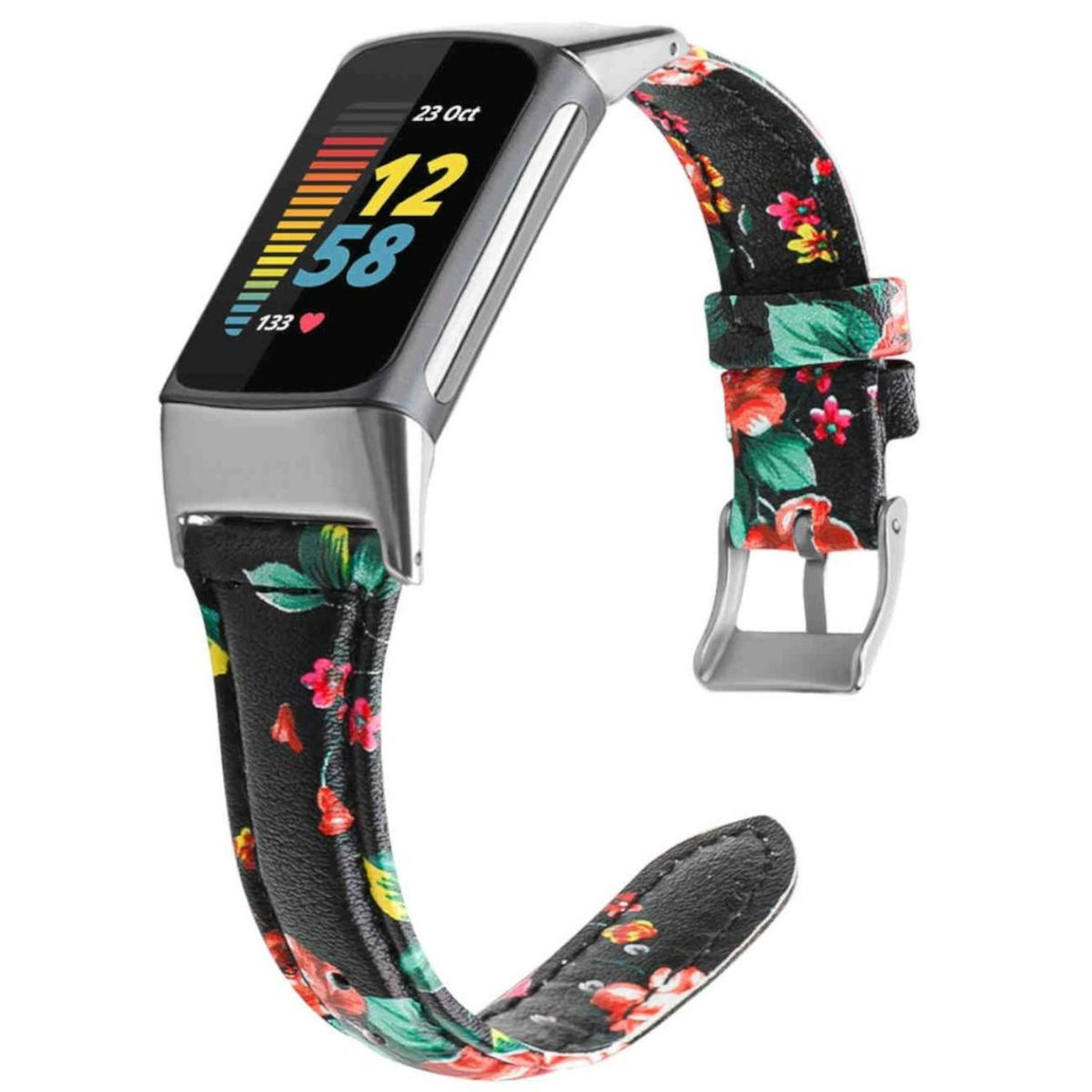 Ein Fitnesstracker mit floralem Armband. Es ist schwarz und zeigt Zeit und Aktivitätsdaten an.
