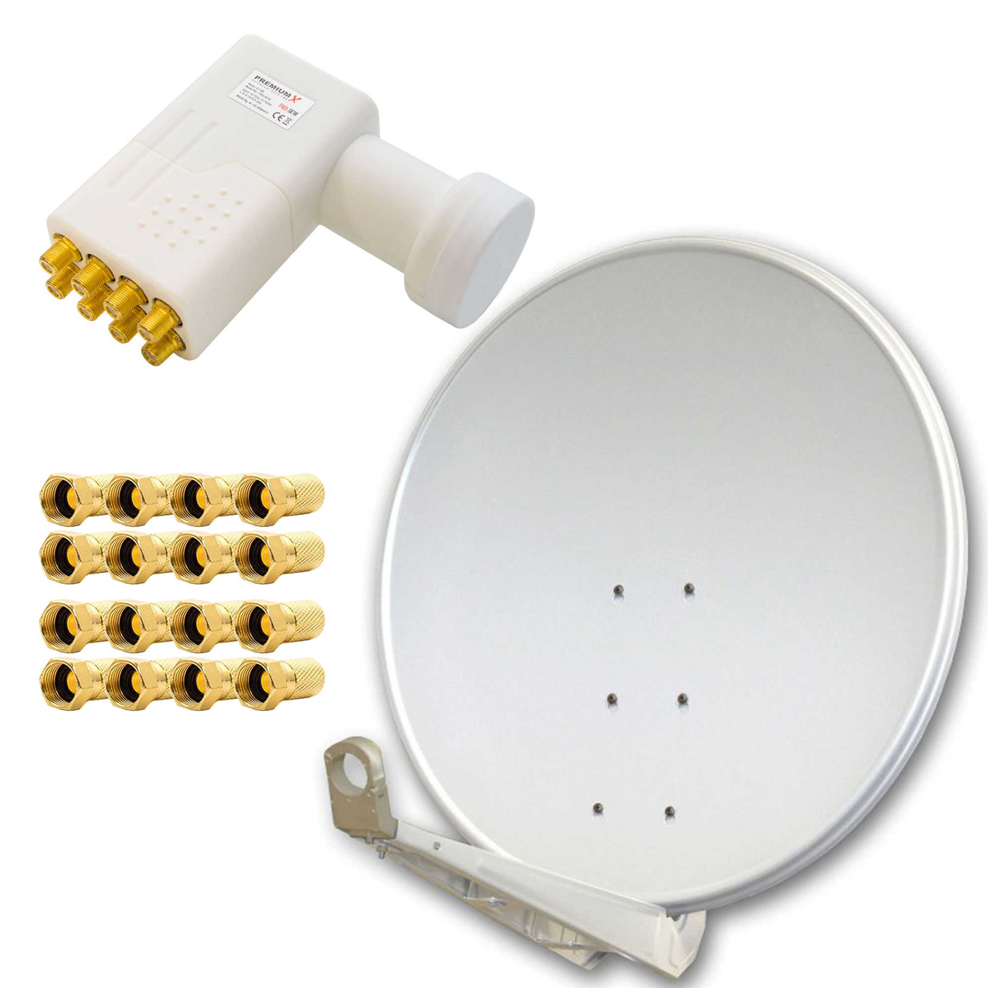 Weiße Satellitenschüssel mit LNB und goldenen Anschlüssen.