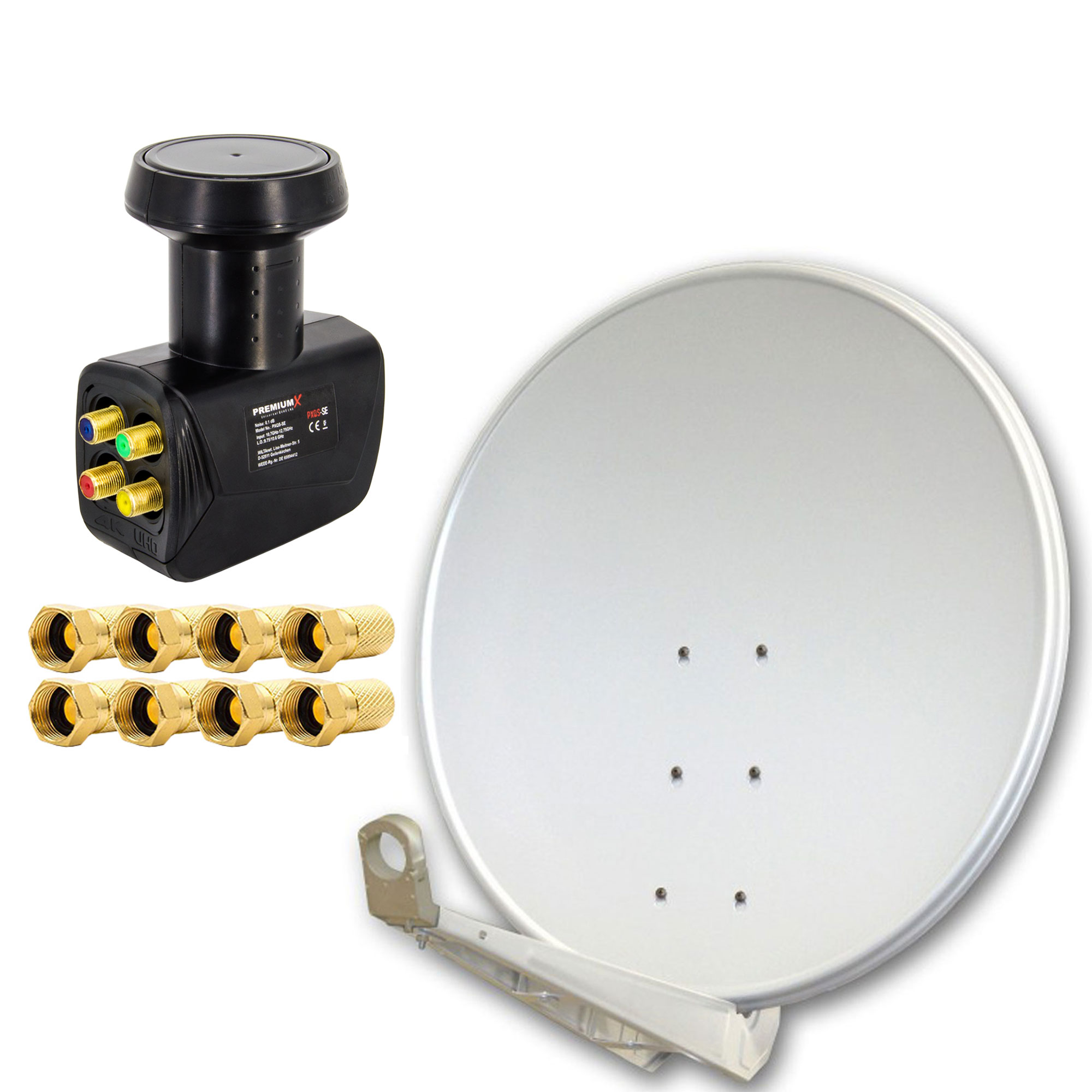 PREMIUMX DELUXE100 cm Alu Hellgrau Schüssel mit cm, LNB Sat (100 Antenne und Sat F-Stecker Satelliten Quad Anlage LNB) Quad Spiegel