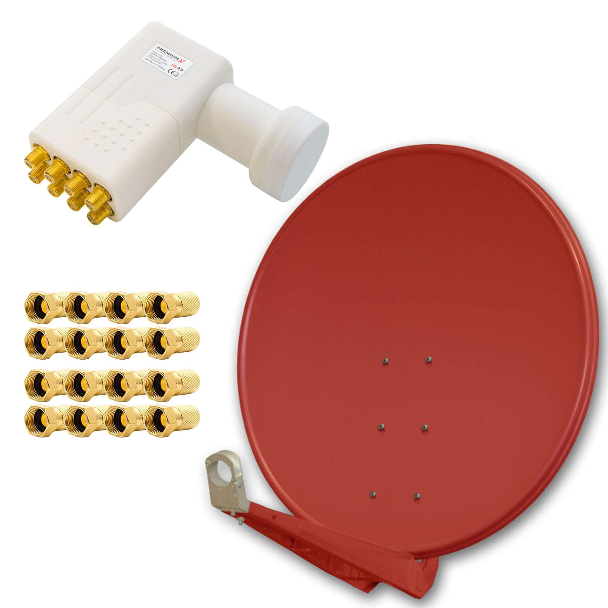 Satelliten-Schüssel-Komponenten: Schüssel, Stecker und LNB. Weißer Hintergrund.
