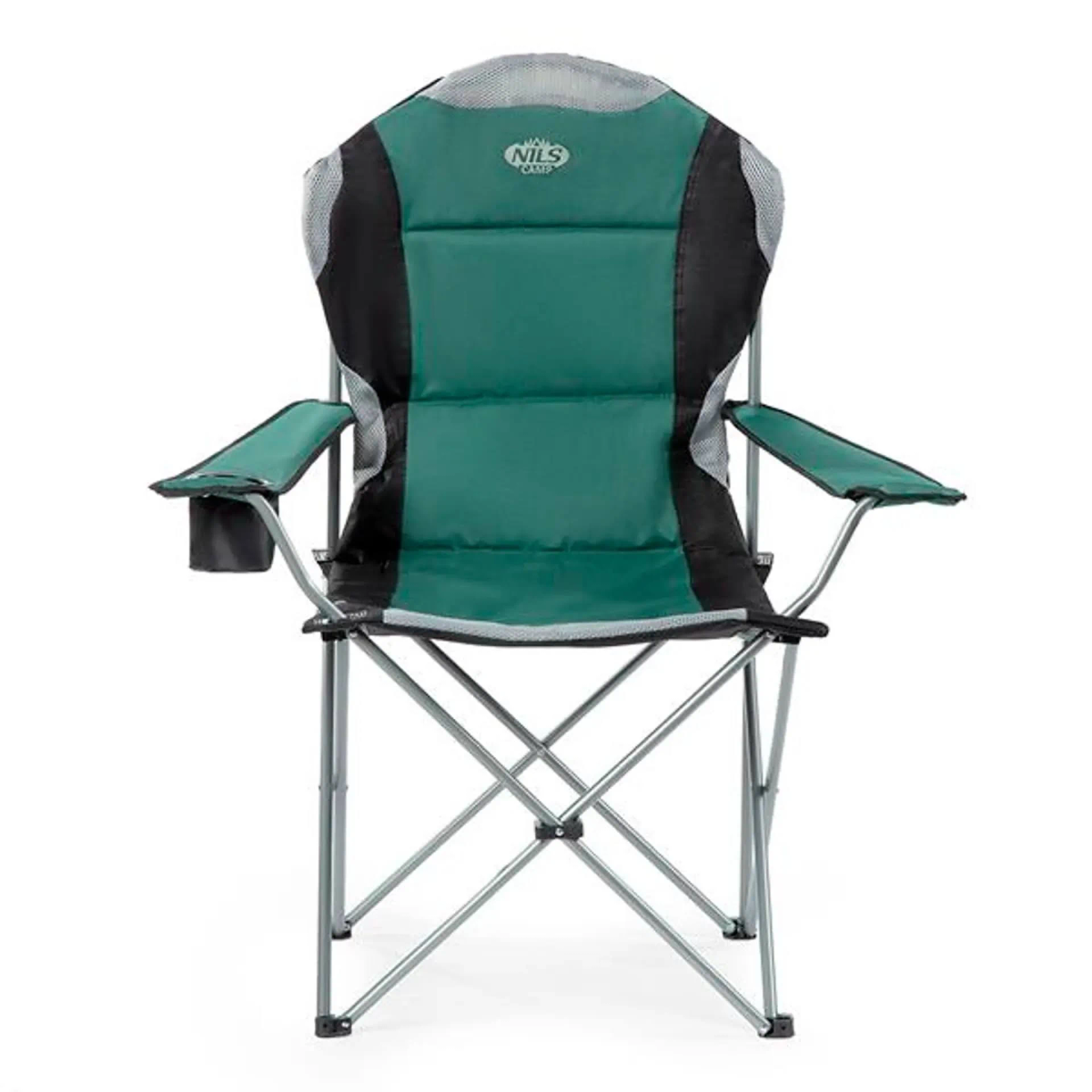 Grüner und schwarzer Klapp-Campingstuhl mit Armlehnen und Getränkehalter. Isoliert auf Weiß.