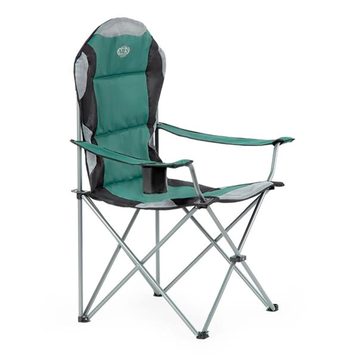 Ein grüner und grauer Campingstuhl mit Getränkehalter, isoliert auf Weiß.