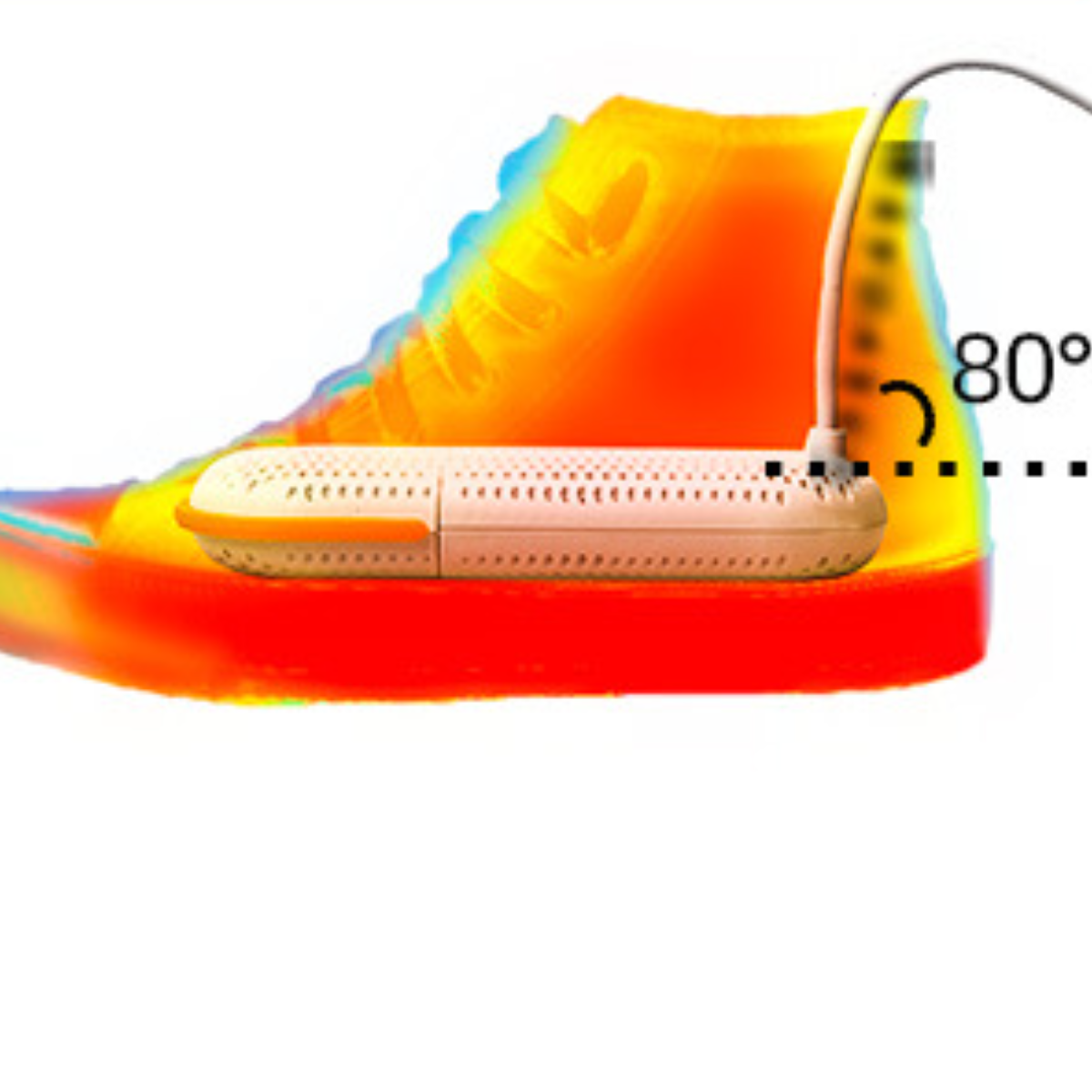 Wärmekarte eines getrockneten Schuhs. Ein Gerät wird in den Schuh gesteckt, die Temperatur beträgt 80 Grad.