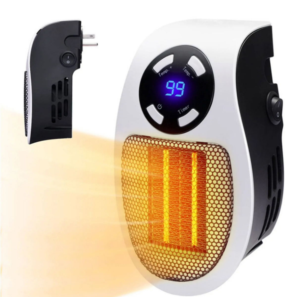 Weiß-schwarzer Mini-Heizlüfter mit Digitalanzeige und Netzstecker. Weißer Hintergrund.