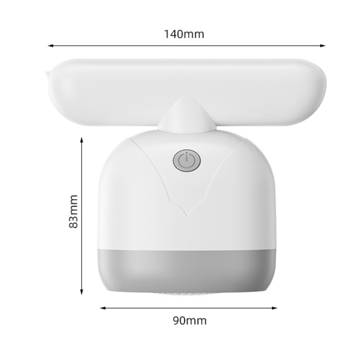 Weiß-graue Lampe mit Ein/Aus-Taste. Abmessungen: 140mm breit, 83mm hoch, 90mm Basis.