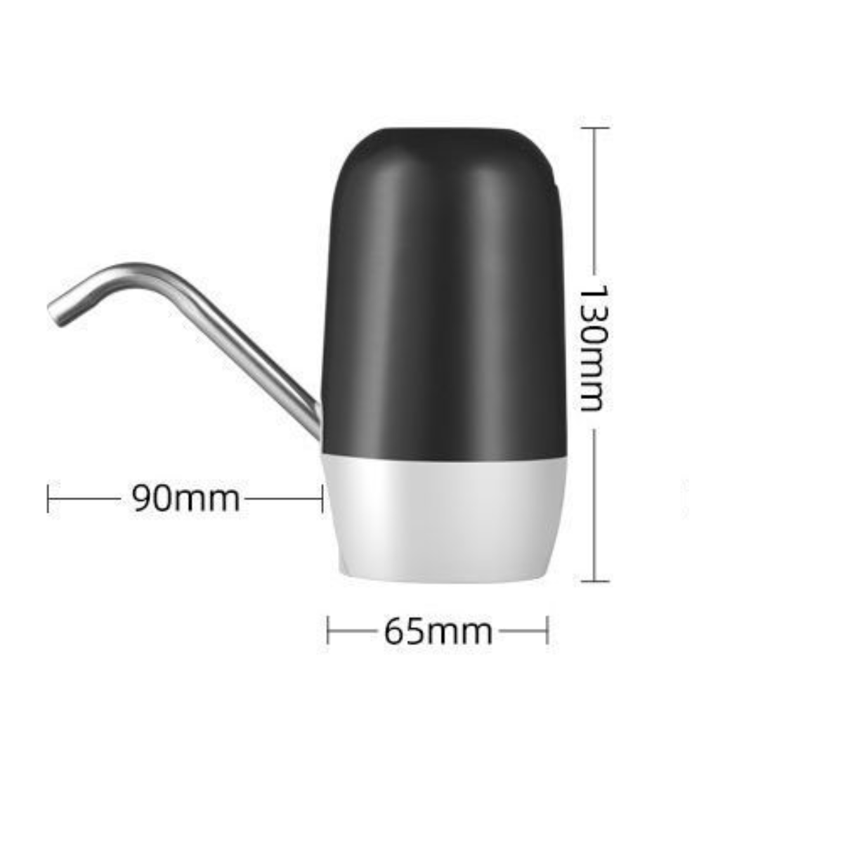 Schwarz-weißer Wasserspender mit Maßangaben in mm, weißer Hintergrund.