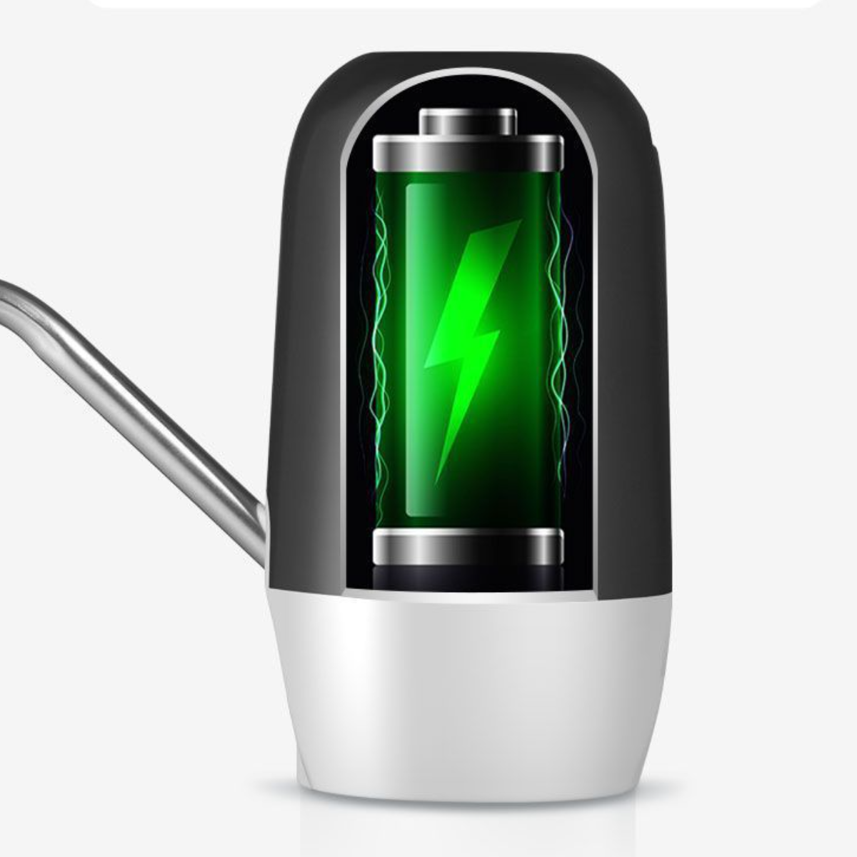 Weißes und schwarzes Gerät mit grünem Blitzsymbol, das die Batterieladung anzeigt.