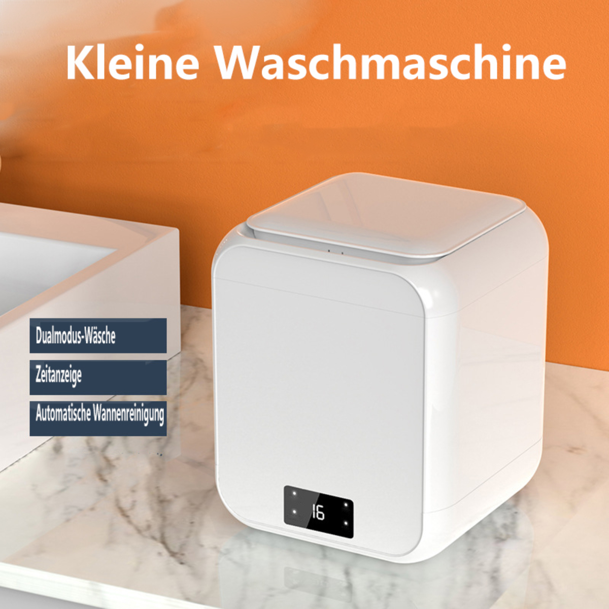 Eine weiße Mini-Waschmaschine mit Text auf Deutsch.