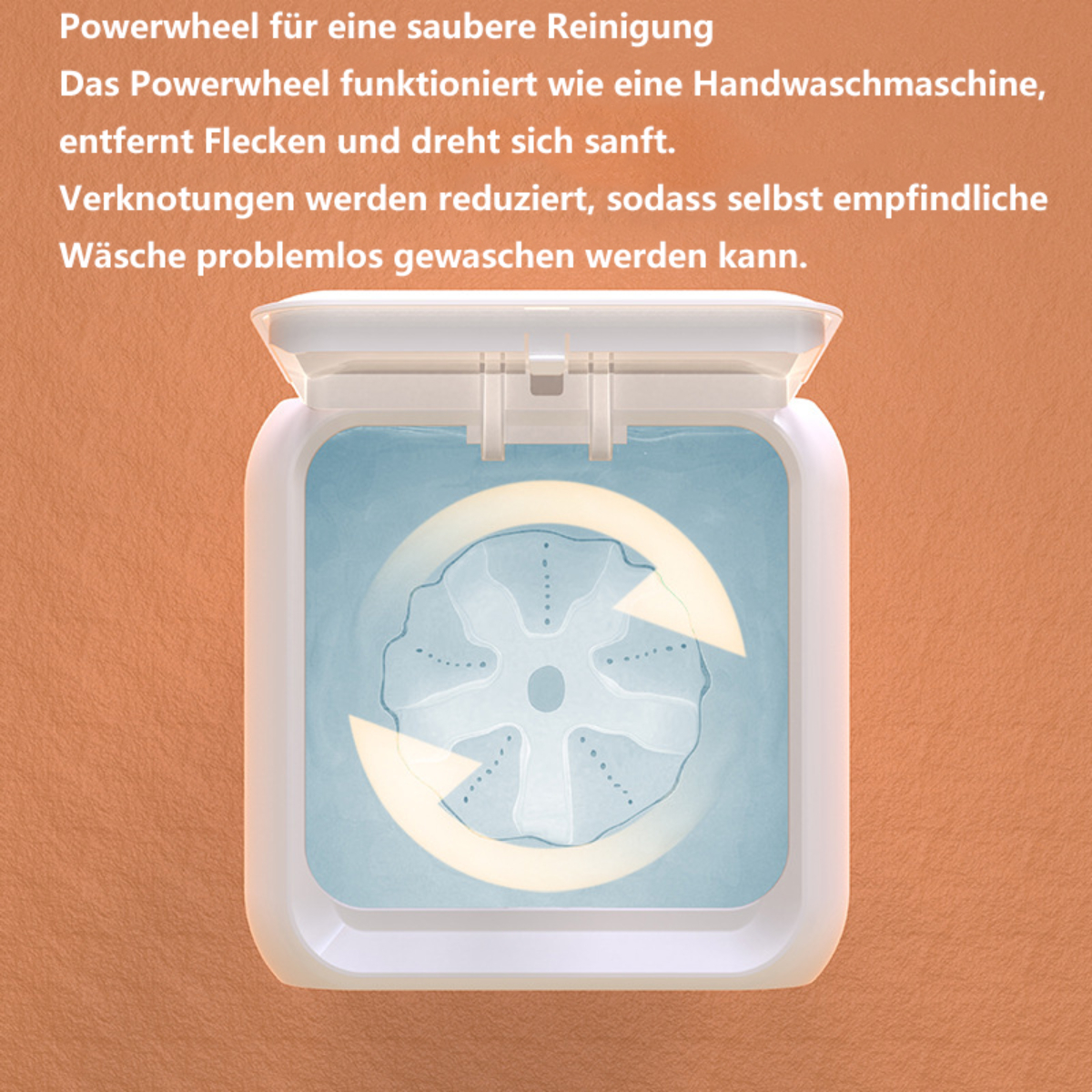 Eine kleine weiße Waschmaschine mit offenem Deckel, die den Waschvorgang zeigt.