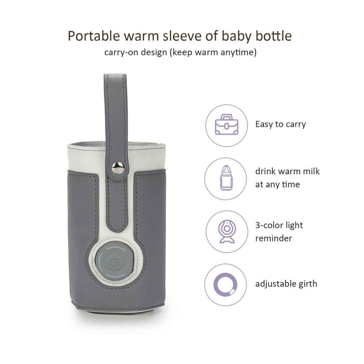 Ein grau-weißer Babyflaschenwärmer mit Griff, mit Symbolen.