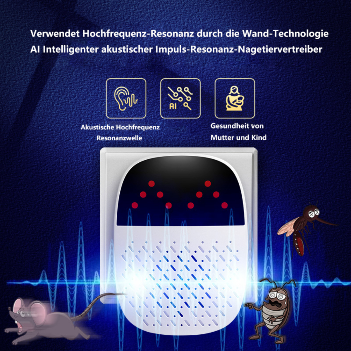 BYTELIKE Ultraschall-Nagetiervertreiber-AI Intelligent, Automatische Frequenzanpassung, Resonance Schädlingsvertreiber Pulse Sonic