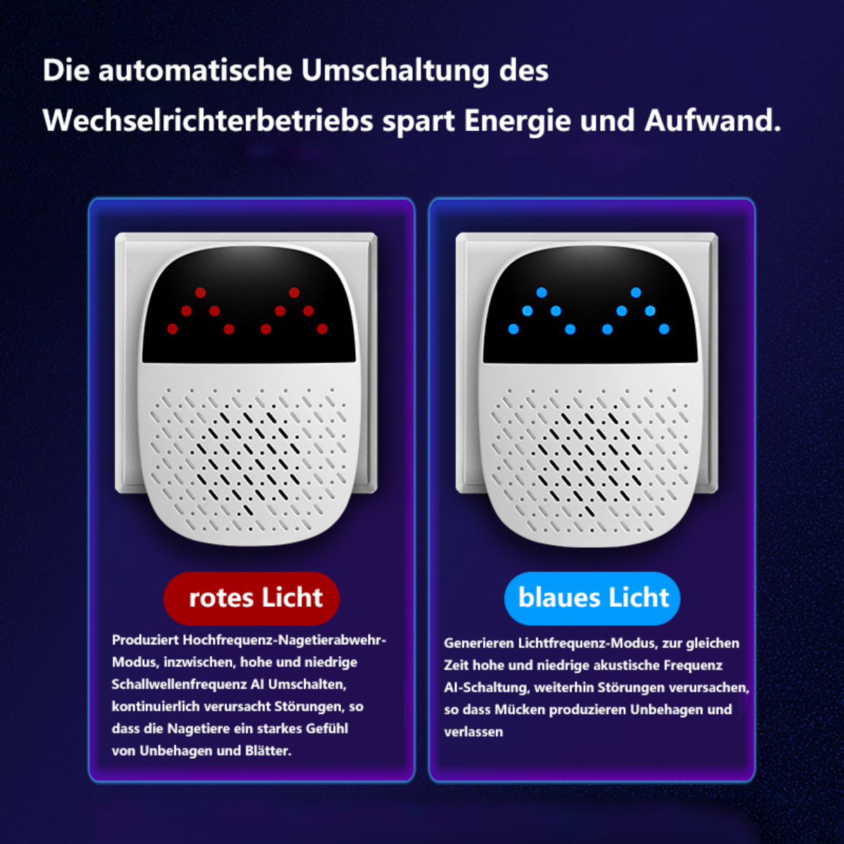 Zwei weiße Geräte mit roten und blauen Lichtern, die Energiesparfunktionen veranschaulichen.