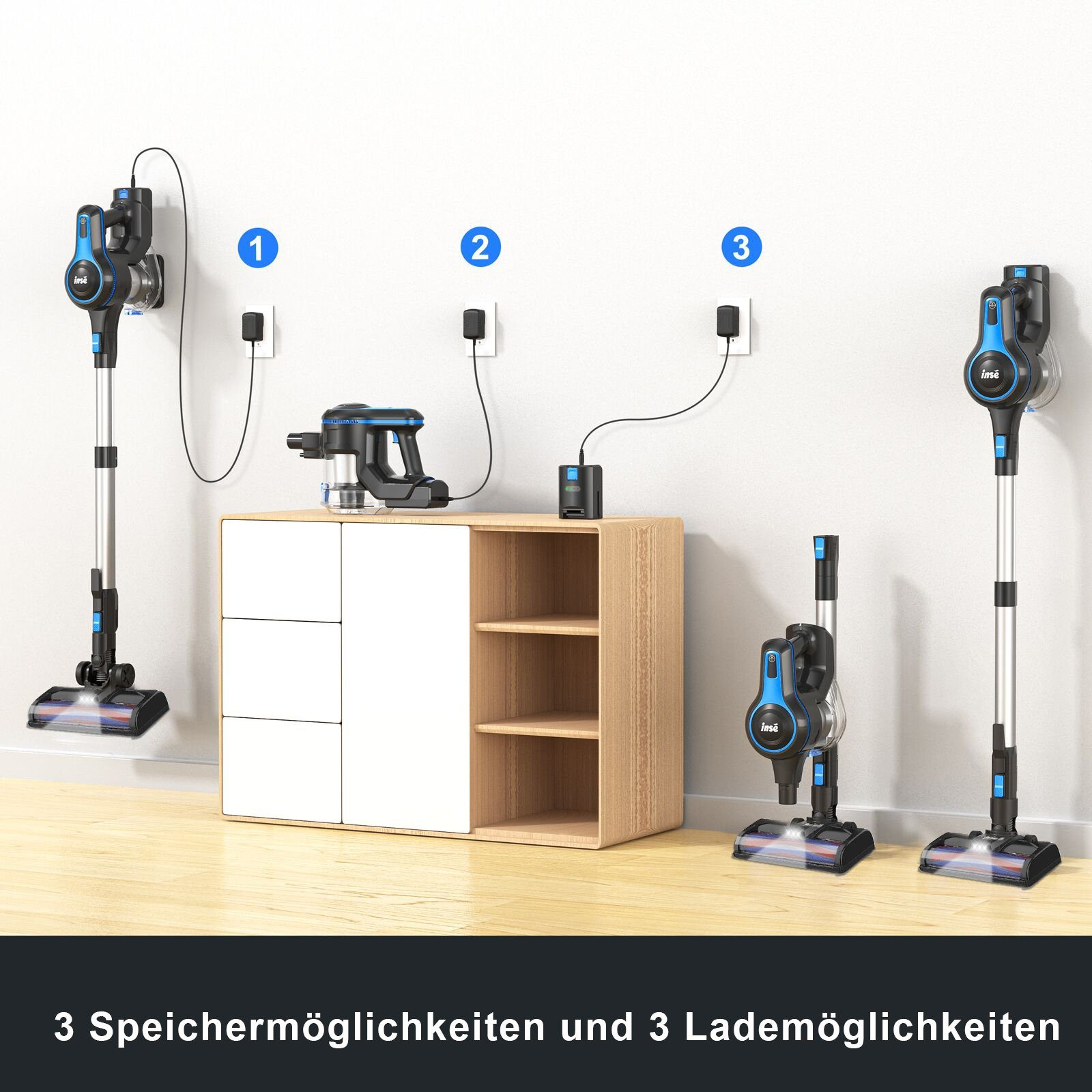 Drei Staubsauger mit Ladestationen, beschriftet mit 1, 2 und 3. Ein Schrank steht in der Mitte.