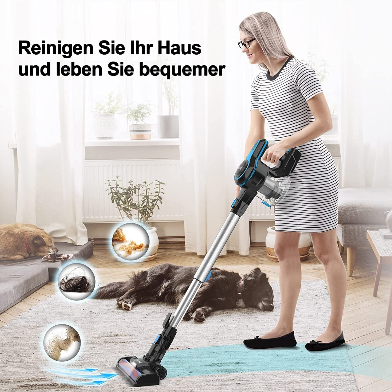 Frau, die mit einem kabellosen Staubsauger saugt, zwei Hunde auf dem Boden.