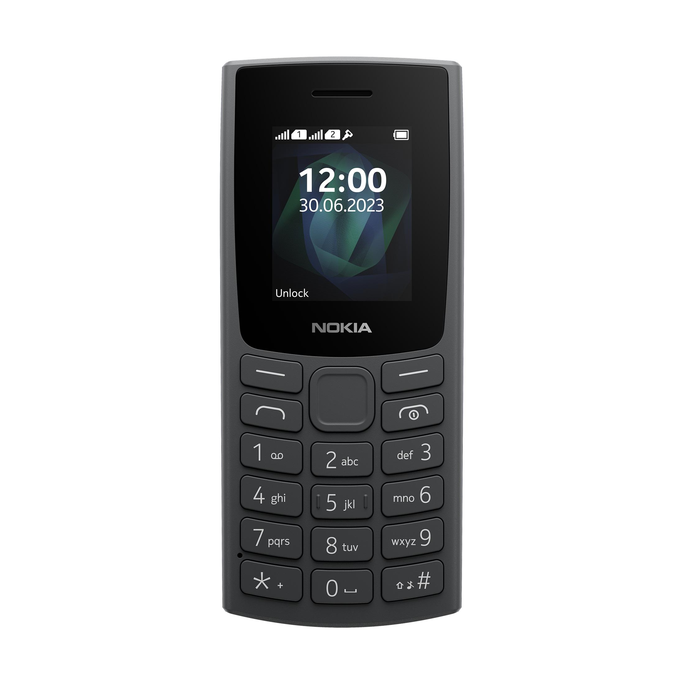 Graues Nokia-Telefon mit einem Bildschirm, der die Uhrzeit und das Datum anzeigt. Es hat eine Tastatur und ein schlichtes Design.