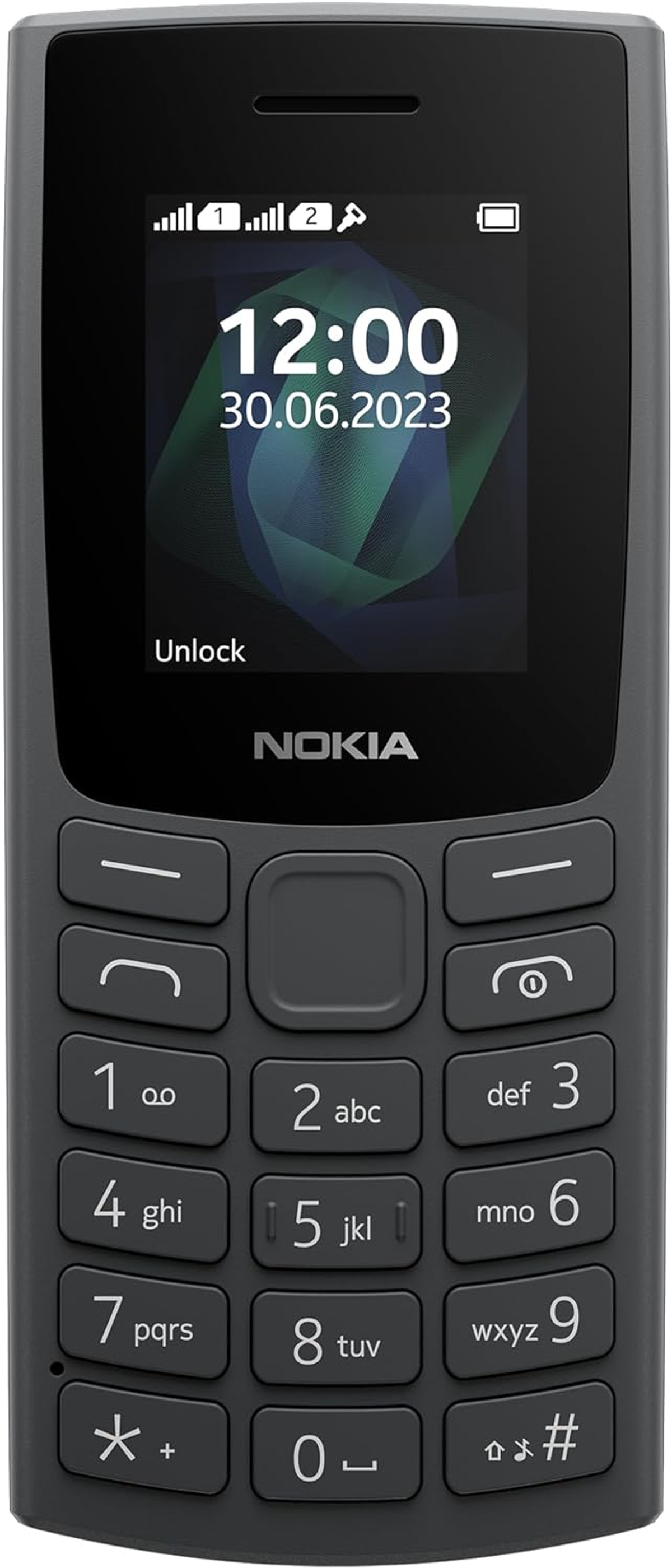 Ein schwarzes Nokia-Telefon mit Tastatur und einem Bildschirm mit Uhrzeit.