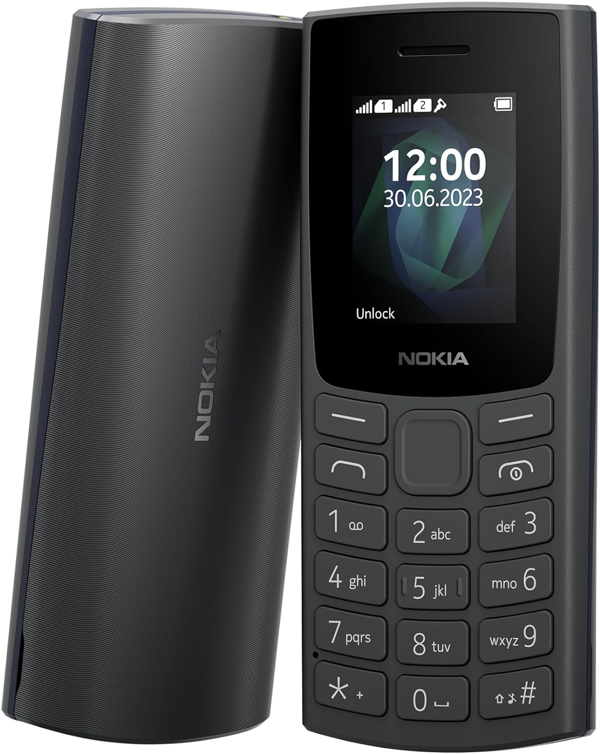 Schwarzes Nokia-Telefon mit Tastatur. Der Bildschirm zeigt Uhrzeit und Datum.