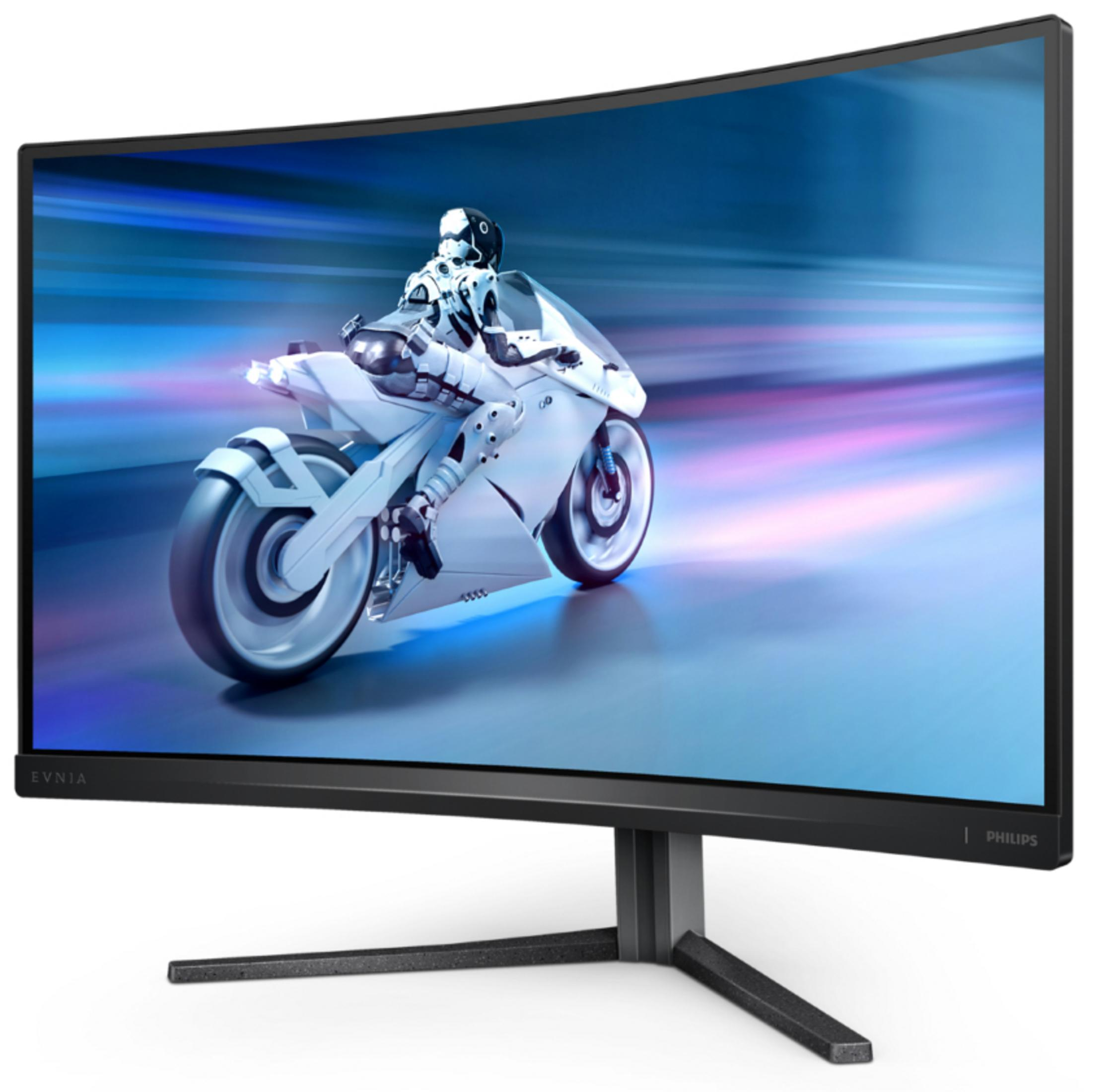 Zakrzywiony monitor wyświetlający motocykl ścigający się na niebieskim torze.