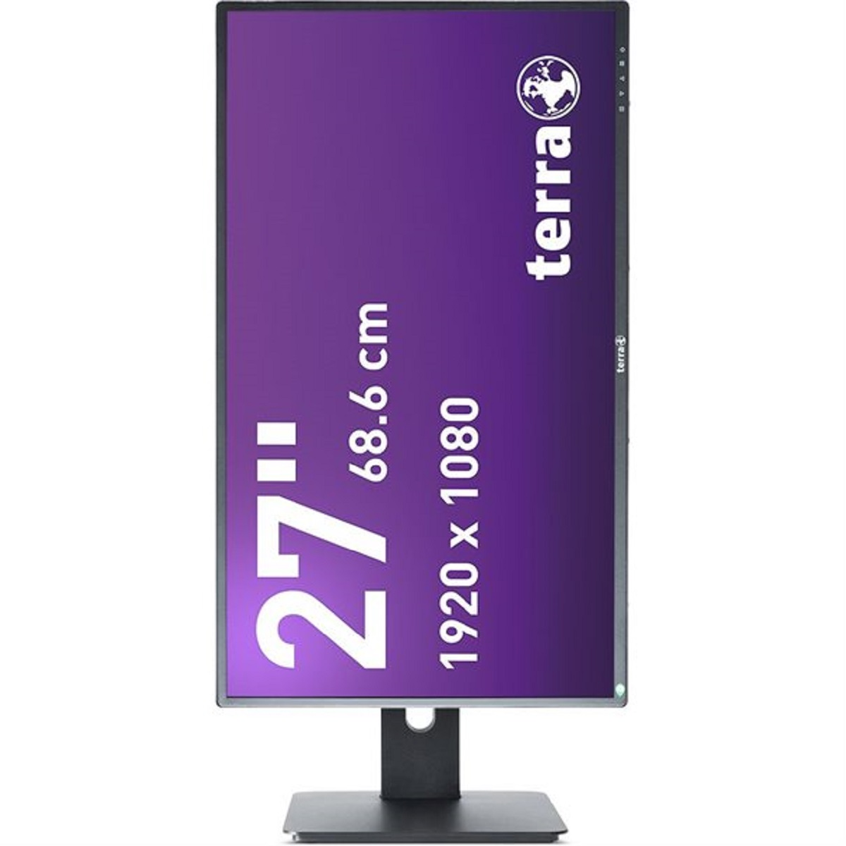 Un monitor di computer alto con schermo viola. Il testo recita 27", 68,6 cm e 1920 x 1080. Il marchio è terra.