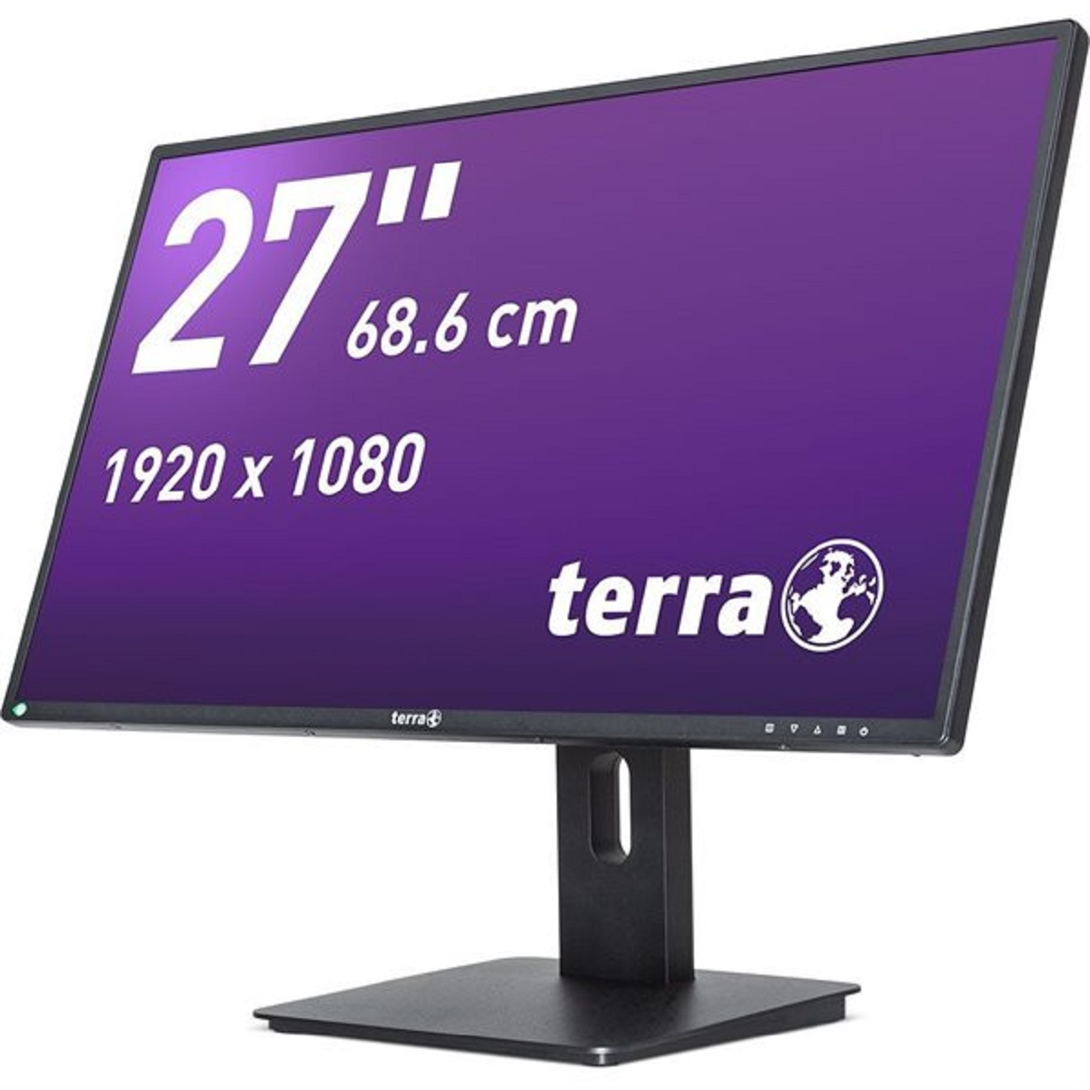 Un monitor da 27 pollici mostra uno schermo viola con testo bianco. Il monitor è su un supporto nero.