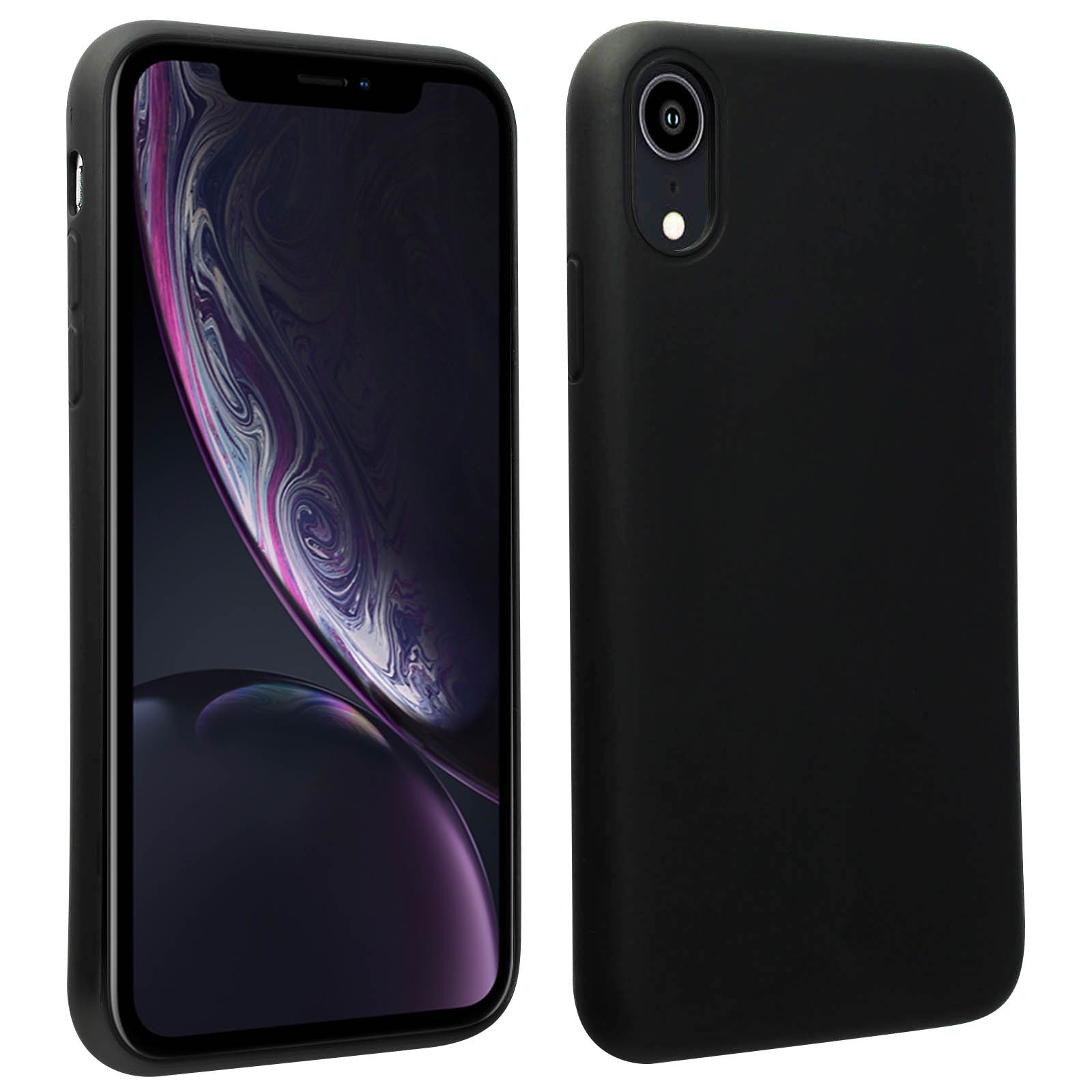 Twee zwarte iPhone XR-hoesjes, één met zichtbaar telefoonscherm, de andere met de achterkant.