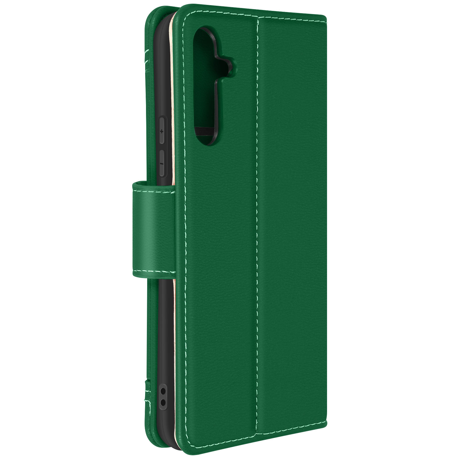 Custodia per smartphone verde. Cuciture bianche. Sfondo bianco.