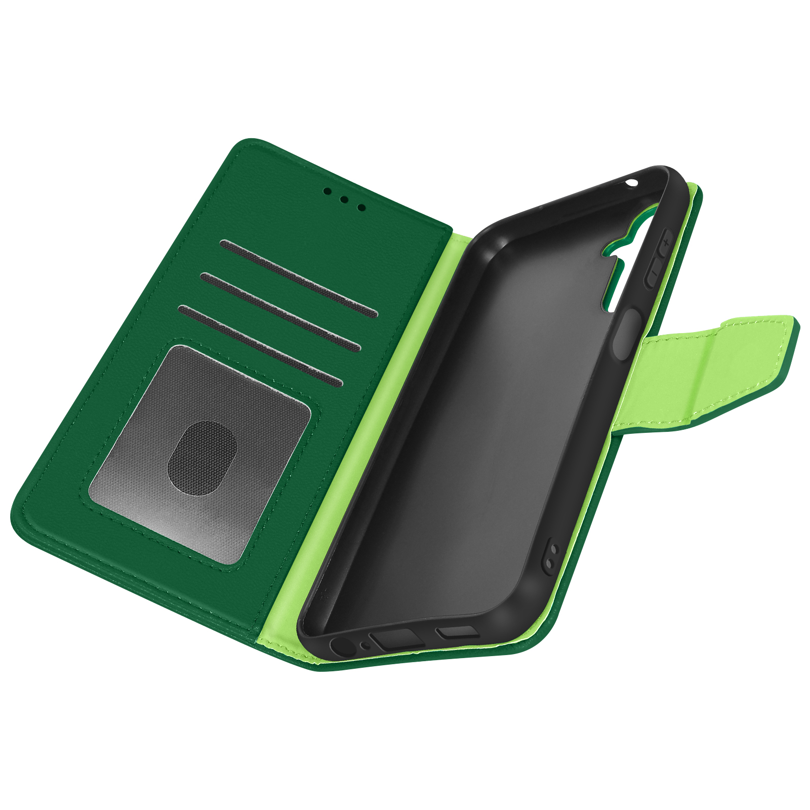 Custodia per telefono verde aperta, con slot per carte e supporto per telefono. Telefono nero all'interno.