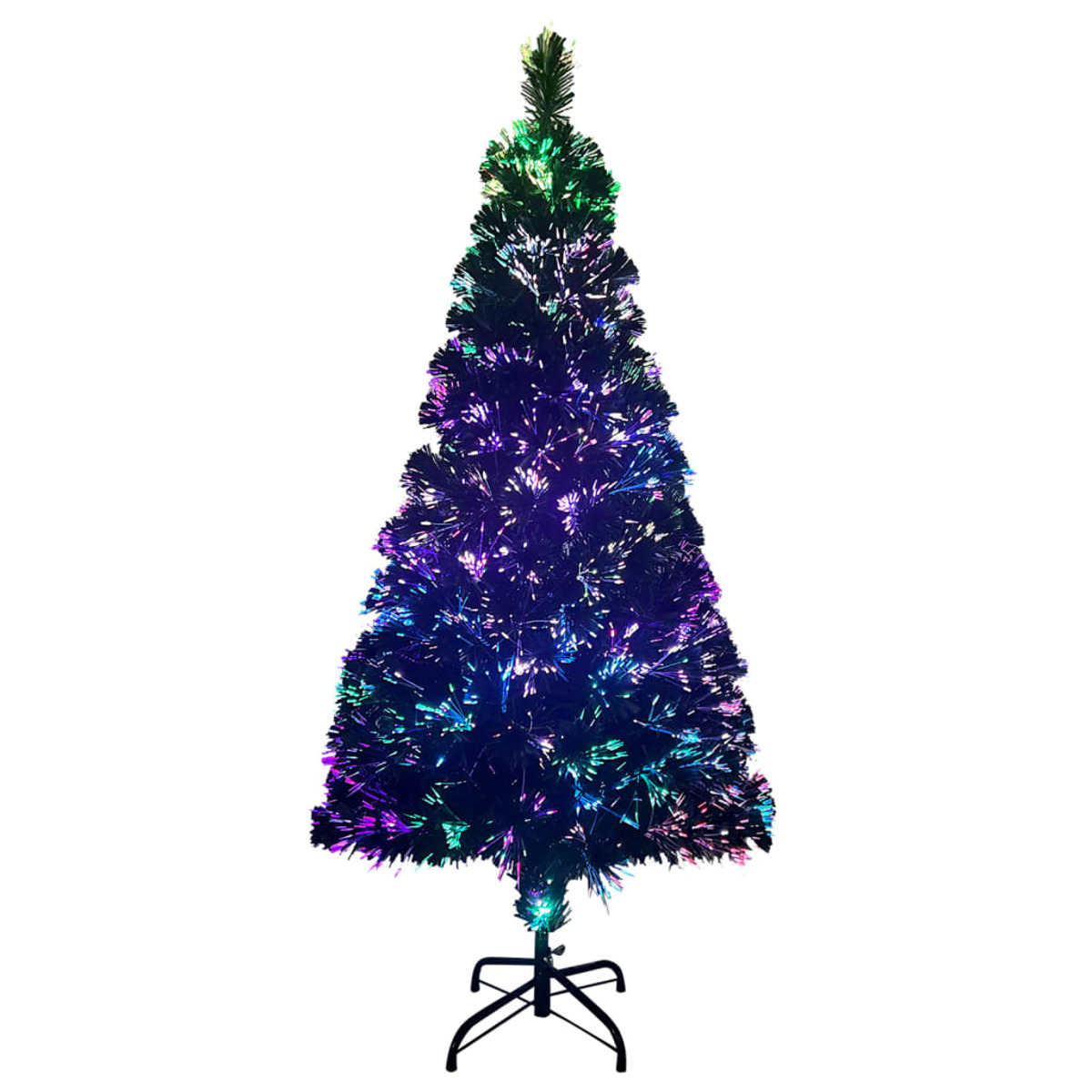 Ein Weihnachtsbaum mit Glasfaseroptik. Er ist überwiegend dunkel mit grünen, blauen und violetten Lichtern. Der Ständer ist aus schwarzem Metall.