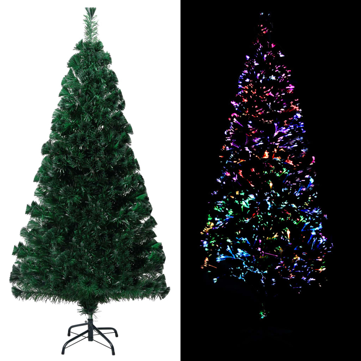 Zwei Weihnachtsbäume. Einer ist grün, der andere leuchtet mit bunten Lichtern auf schwarzem Hintergrund.