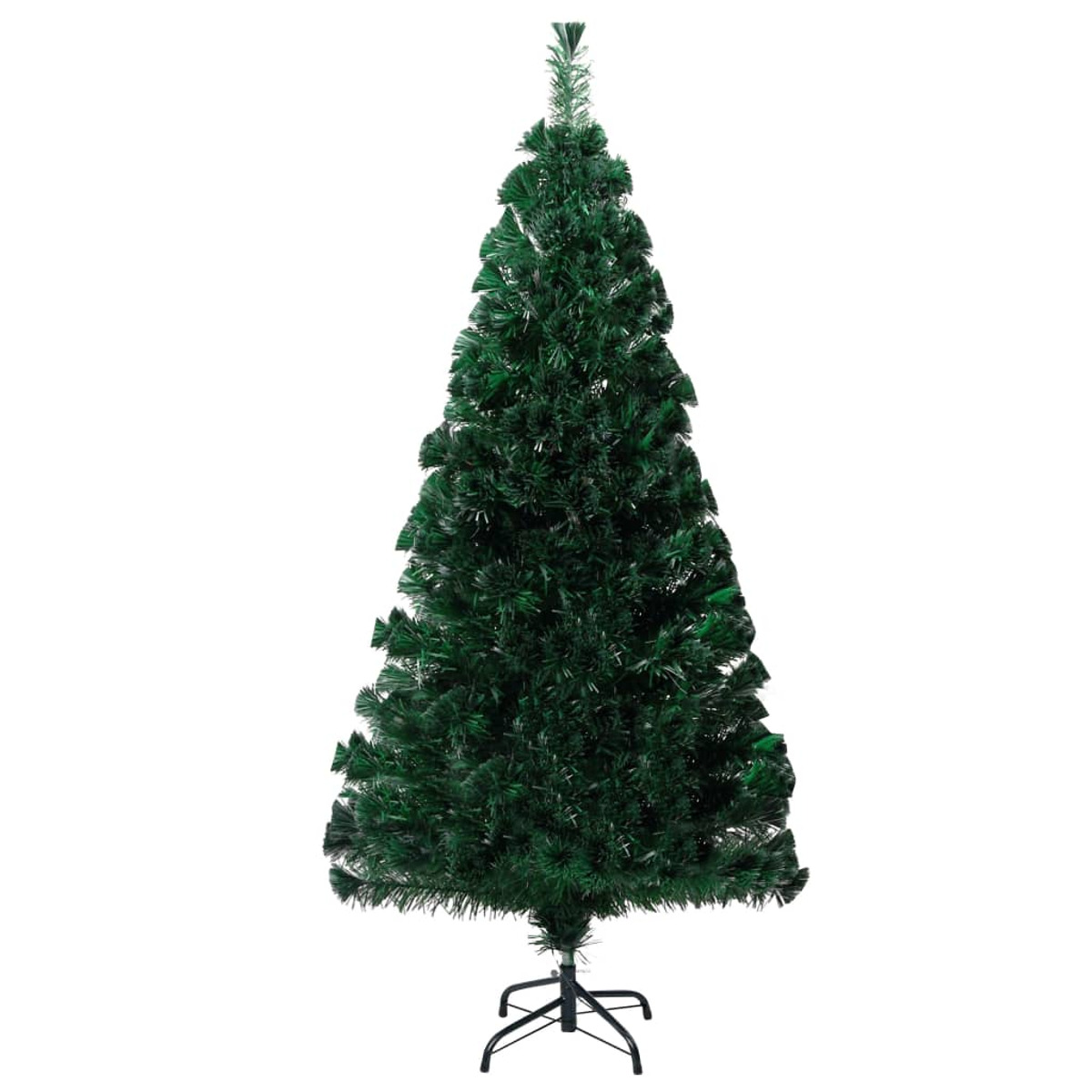 Ein grüner künstlicher Weihnachtsbaum steht auf einem schwarzen Metallständer. Der Baum ist dicht mit grünen Nadeln bedeckt.