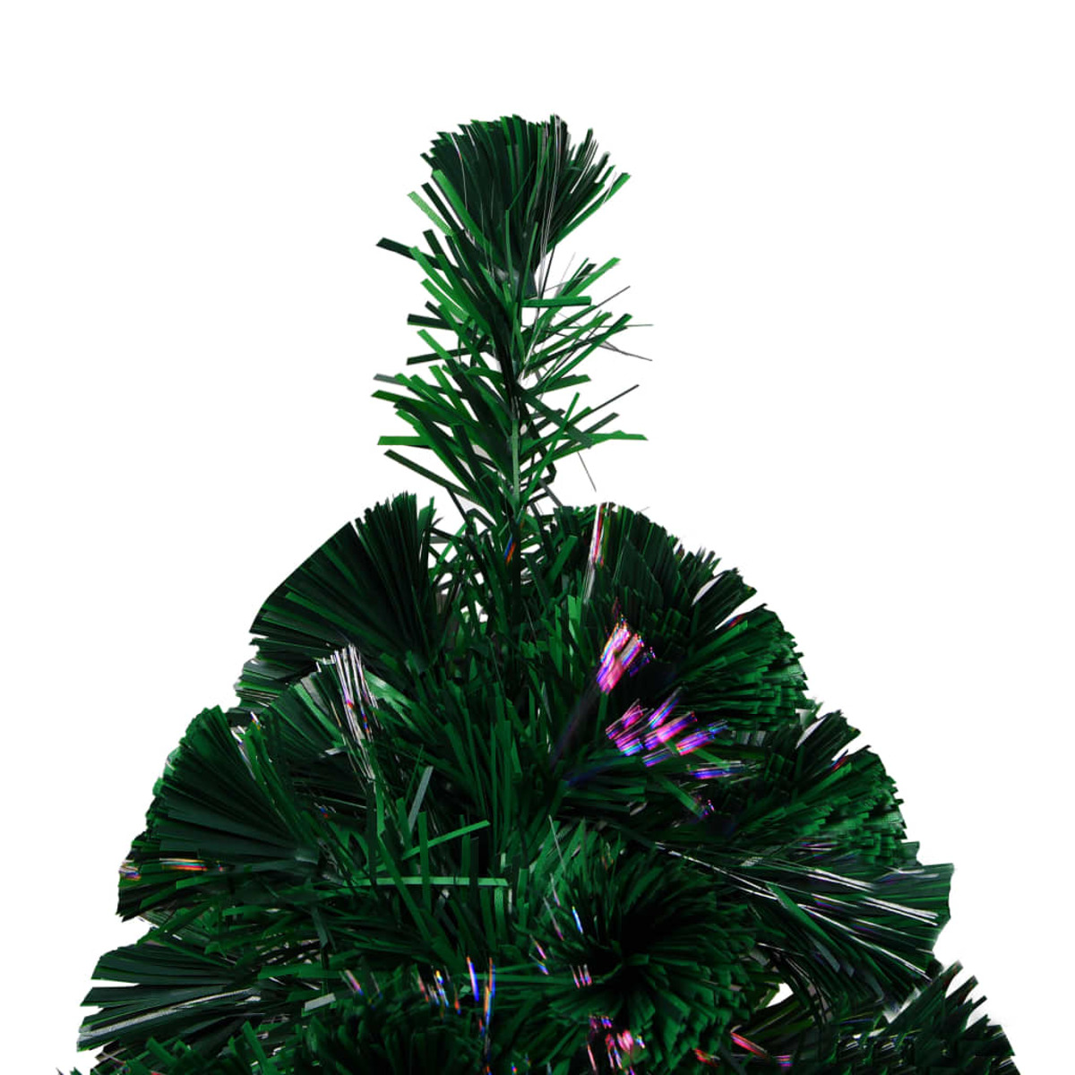 Oberteil eines grünen Weihnachtsbaums. Weißer Hintergrund. Viele grüne Nadeln und farbige Lichter.