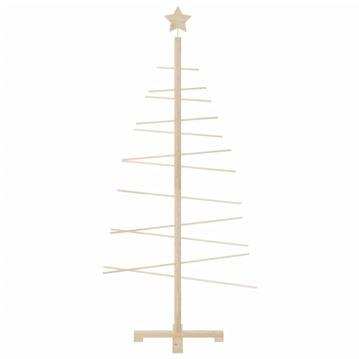 Ein Weihnachtsbaum aus Holz auf weißem Hintergrund, aus horizontalen Holzstäben.