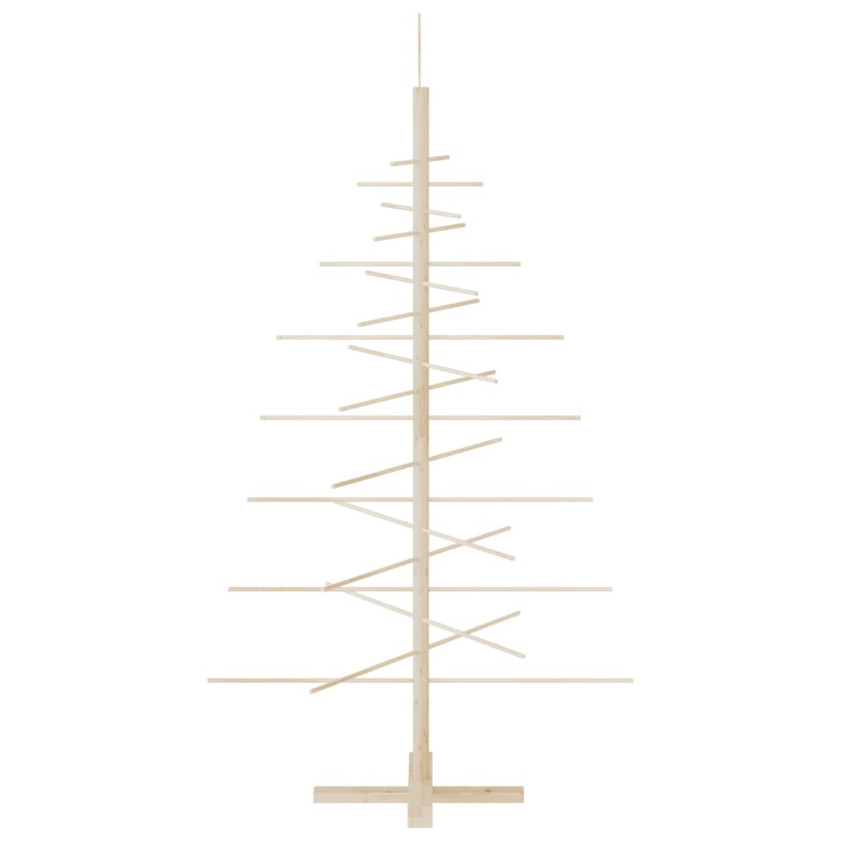 Weihnachtsbaum aus Holz mit horizontalen Holzästen, weißer Hintergrund.
