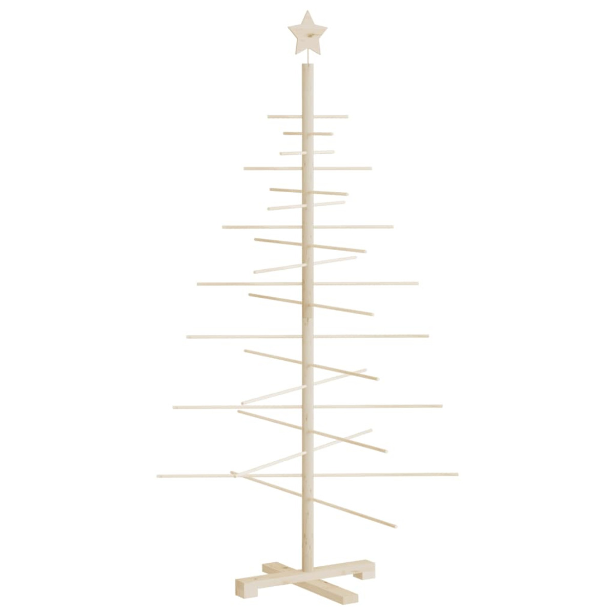 Ein Weihnachtsbaum aus Holz. Mit Stern oben und horizontalen Ästen.