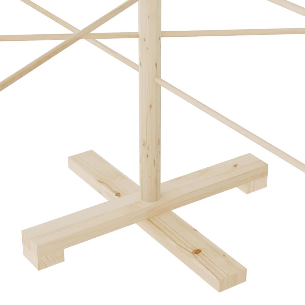 Weihnachtsbaumfuß aus Holz. Er hat eine zentrale Stange und vier Träger.