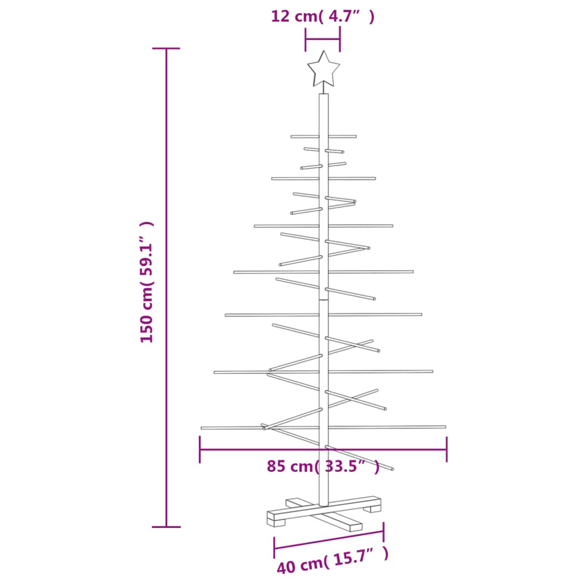 Diagramm eines Holz-Weihnachtsbaumrahmens mit Maßangaben in cm und Zoll.