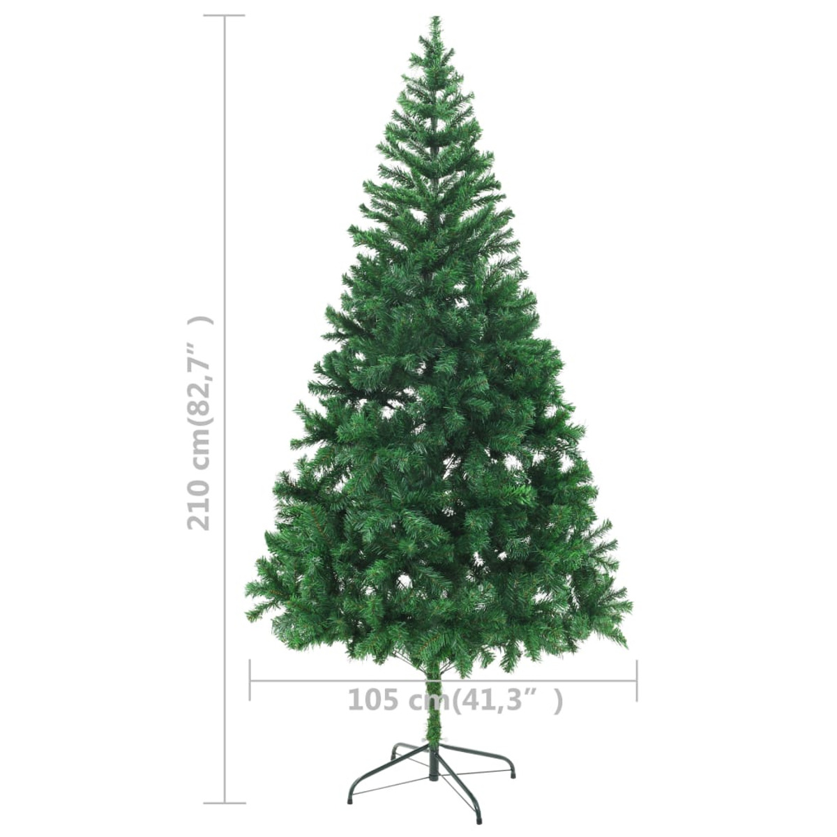 Ein grüner Weihnachtsbaum. Er ist hoch und steht auf einem Metallsockel, mit beschrifteten Abmessungen.