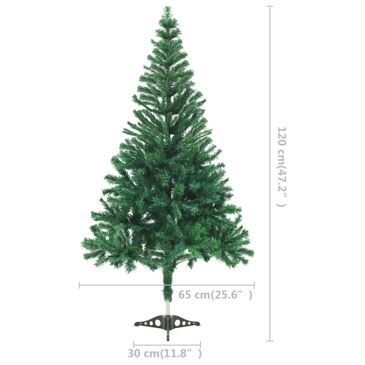 Ein hoher grüner Weihnachtsbaum mit Ständer, Maße werden auf weißem Hintergrund angezeigt.