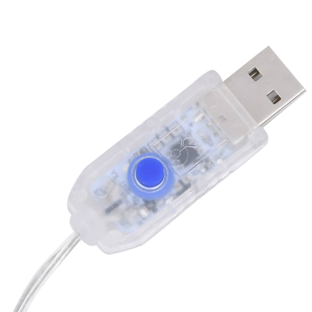 USB-Anschluss mit blauem Knopf und transparentem Gehäuse.