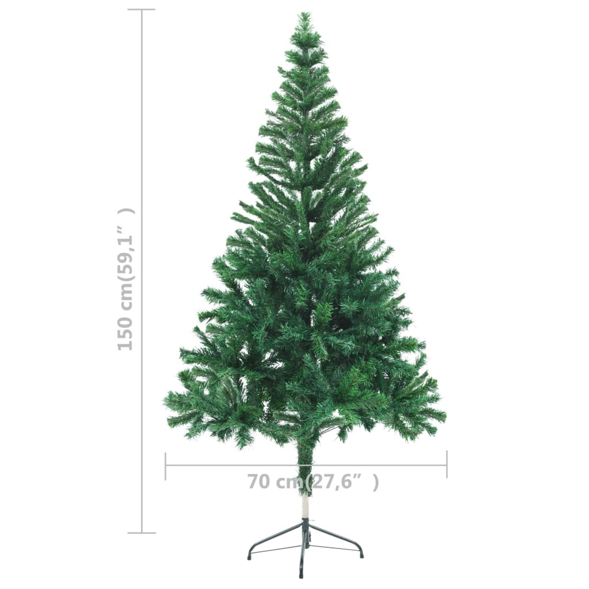 Grüner künstlicher Weihnachtsbaum mit cm-Angaben. Weißer Hintergrund.