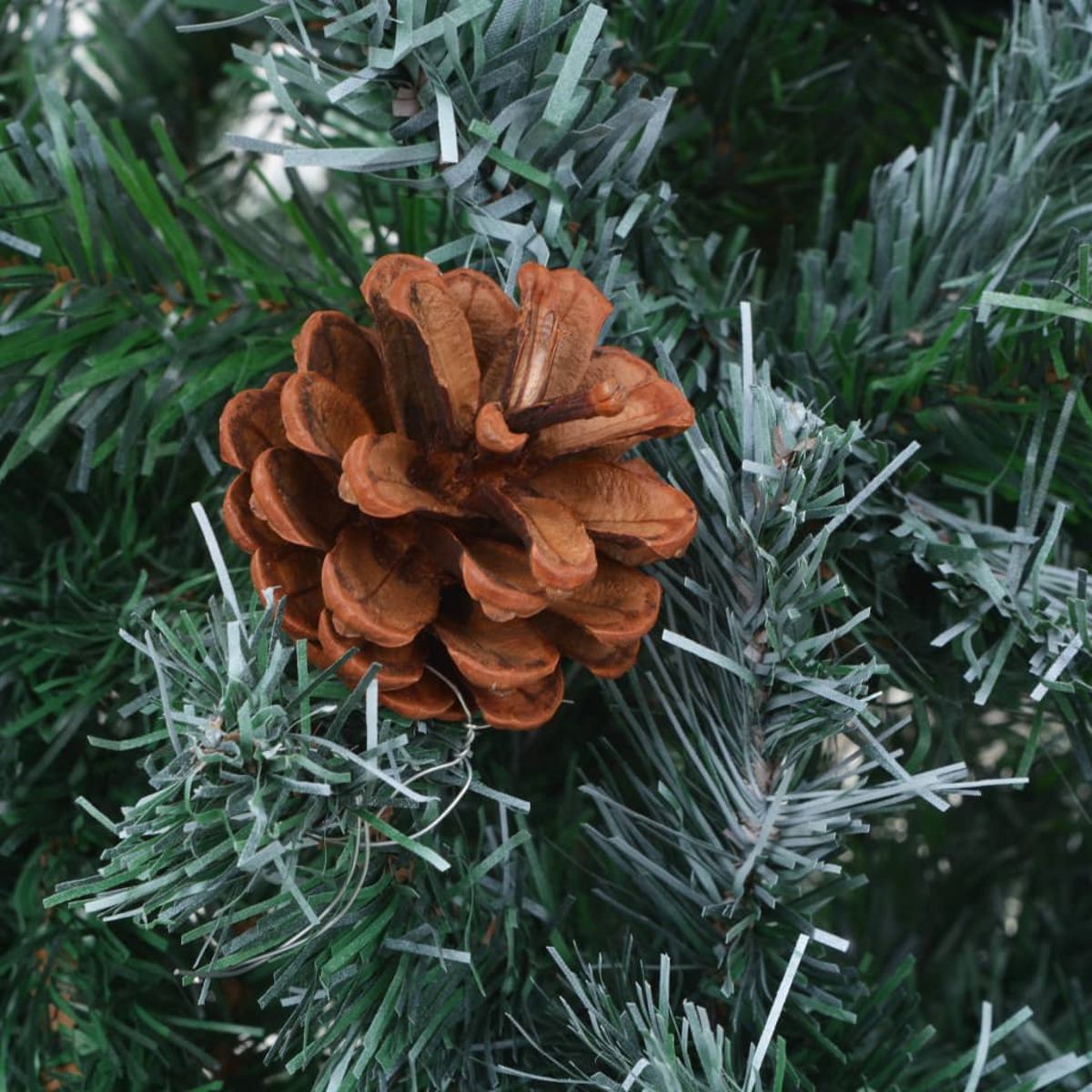 Zapfen auf einem grünen Weihnachtsbaum. Nahaufnahme. Der Baum hat schneebedeckte Details.