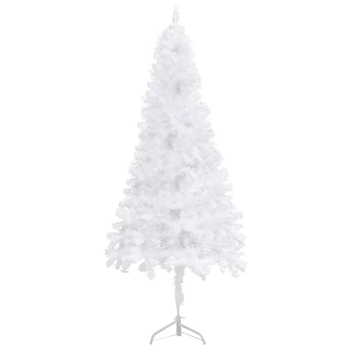 Weißer künstlicher Weihnachtsbaum auf einem Ständer, isoliert vor weißem Hintergrund.