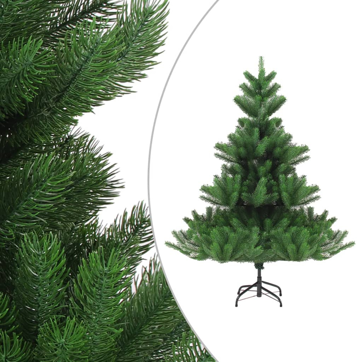 Ein grüner künstlicher Weihnachtsbaum auf weißem Hintergrund. Ein Teil des Baumes ist links.